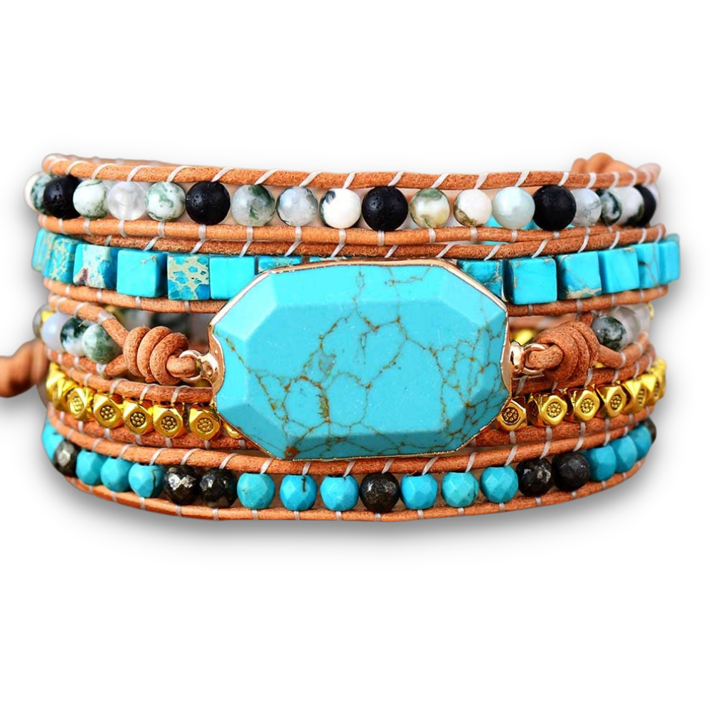 Bracelet Bohémien Tibétain en Turquoise bleue et Jaspe "Sérénité & Bien être" - Cabochon