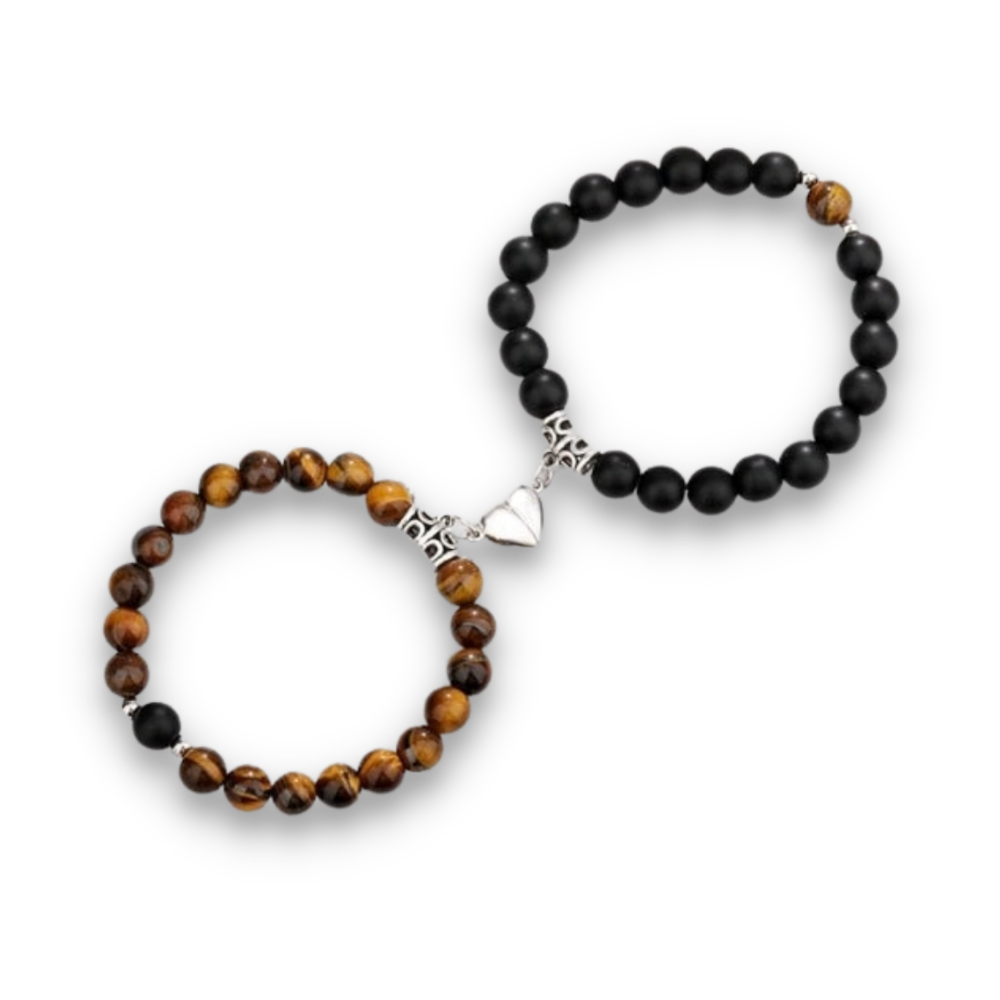 Double Bracelets Magnétique en Oeil de tigre et Onyx "Courage & Audace" - Coeur