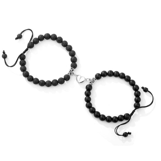 Double Bracelets Couple en Pierre de lave et Onyx "Ancrage & Stabilité" - Coeur
